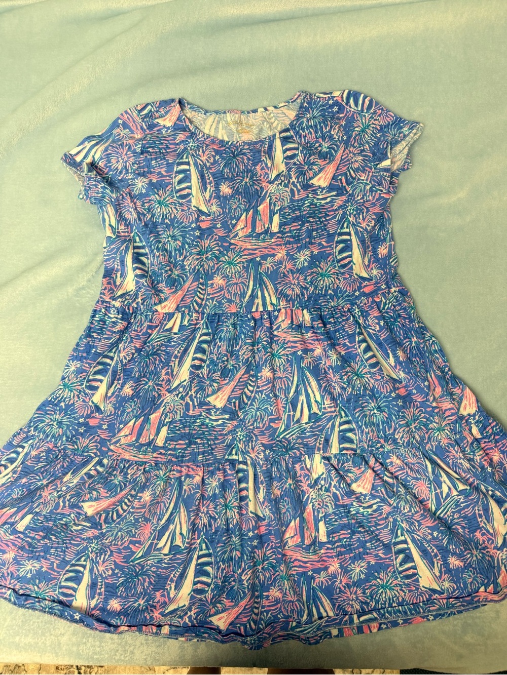 Lilly Pulitzer Blue Sailboat Print Tiered Short Sleeve Dress